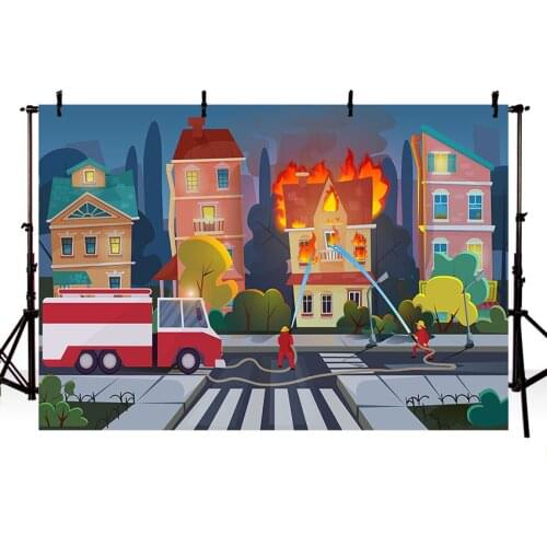 Photography Backdrops Fire In Building Fire Truck Background Career of Firefighter for Children Photocall Photo Backdrop Studio