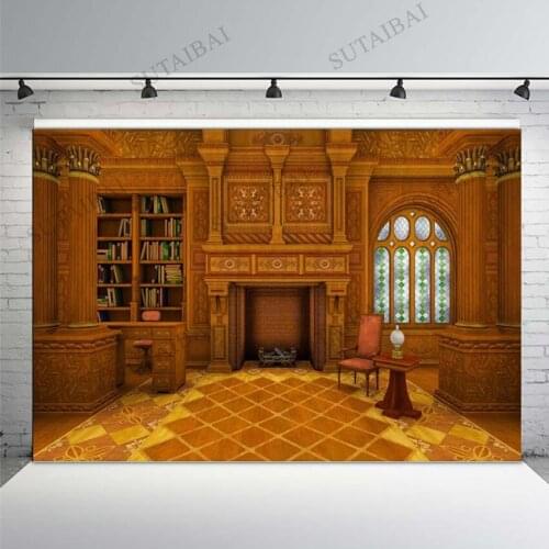Photography Backdrop Golden Royal Palace Retro Pattern Fireplace Bookrack Indoor Decors Wallpaper Backdrop Portrait Photo Studio