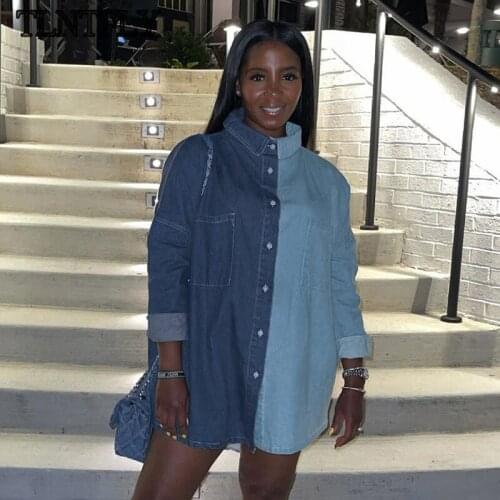 TLNTFLY Contrasting Color Stitching Lapel Long-Sleeved Button Cardigan Shirt Womens Autumn Sexy Lengthened Denim Top Clothes