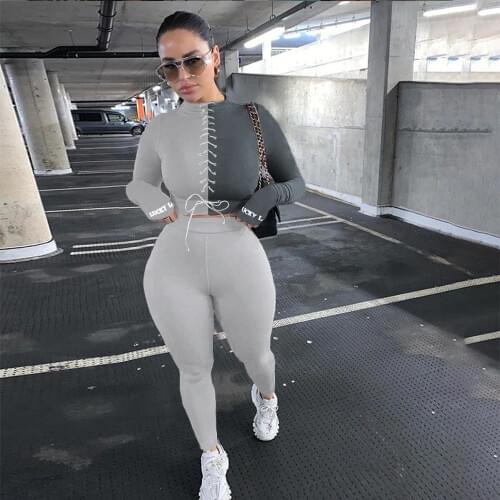 Lucky Label Embroidery Lace Up Skinny Crop Top and Bodycon Legging Autumn Fashion Color Block Spliced Two Piece Set Women Outfit