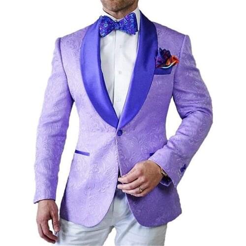 2020 New Mens Patterned Suit 2 Pieces Lilac Shawl Lapel Casual Blazer Tuxedos Groomsmen For Wedding(Blazer+vest+Pants)