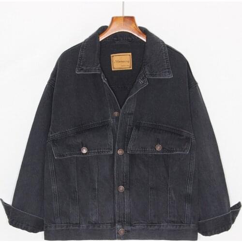 Korean Vintage Washed Black Denim Jacket Loose Big Pocket Women Casual Veste Femme Autumn Long Sleeve Female Student Basic Coat