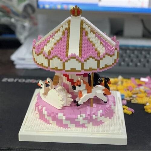 LNO Amusement Park Pink Merry-go-round Carrousel Horse 3D Model 2500pcs Diamond Mini Building Nano Blocks Bricks Toy #287