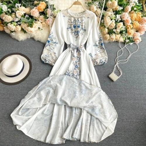 Lusumily Clothing Vestidos Dress Women New Vintage Lantern Sleeve O-Neck Printing Maxi Long Dress Woman Runway Robe
