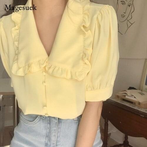 Sweet Short White Chiffon Blouse Women Ruffled Slim Women Shirt Tops Korean Chic Puff Sleeve Womens Blouses Blusas Mujer 10196