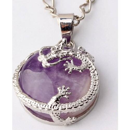Trendy-beads Vintage Style Silver Plated Natural Purple Amethysts Stone Inlay Chinese Dragon Pendant Charm Jewelry
