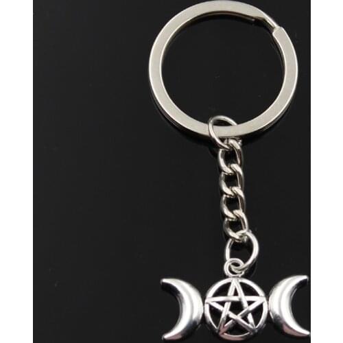 Fashion Keychain 16x30mm Triple Viking Moon Star Goddess silver color pendants DIY Men Jewelry Car Key Chain Ring Holder Gift