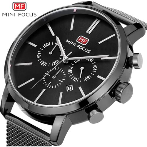 MINIFOCUS Mens Watches Fashion Casual Black Quartz Watch Men Waterproof Stainless Steel Clock Calendar Display Male Wristwatch