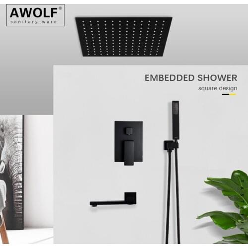 Bathroom Shower Set Matt Black Solid Brass Square Design 8 Inch And 10 Inch Top Shower Bath System Embedded Faucet Tap AH3042