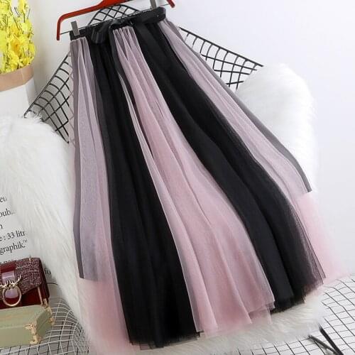 Autumn Winter Women Mesh Skirt Ladies Fashion Elastic High Waist Patchwork Color Layer Pleated Mid-Skirt Soft Swing Long Skirt