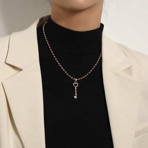 QiLuxy Vintage Beads Chain Heart Key Pendant Necklaces for Women Fashion Punk Charm Necklaces Female Party Jewelry