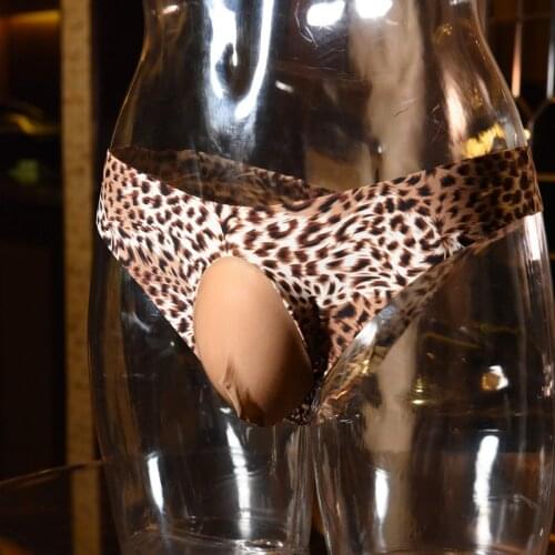 Sexy Men Fetish Lingerie Ice Silk Leopard Briefs Cock Pouch Breathable Sheer Seamless Thongs Sissy Gay Wear Erotic Underwear