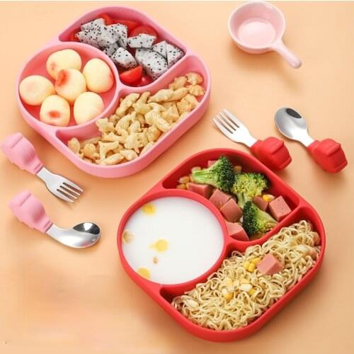 2021 Korean Silicone Board Integrated Childrens Tableware Auxiliary Bowl Suction Cup Feeding Training Fork Spoon Cover