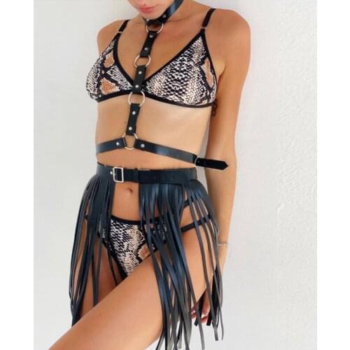 Harness Women High Waist Leather Fringe Tassels Skirt Body Harness Bra Suspender Halloween Party Punk Rock Costume Clubwear