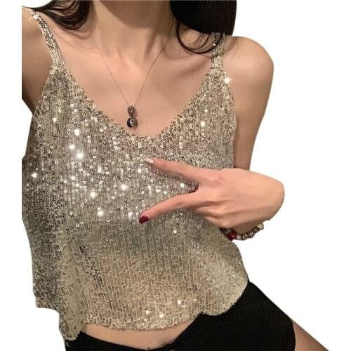 Women Sexy V Neck Glitter Sleeveless Sling Shirts Female Loose Sequined Tank Top Ladies Fashion Clothes New Hot
