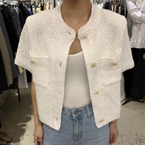 2020 Autumn Korean Vintage Knitted Cardigans Sweaters Women Single-breasted Short Sleeve O-neck Pockets Elegant Ladies Cardigans