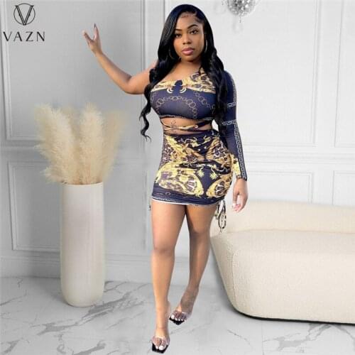 VAZN 2021 Autumn Drawstring Retro Dress Set Young Sexy Club One Off Shoulder Elements Mini Skirts Slim Women 2 Piece Set