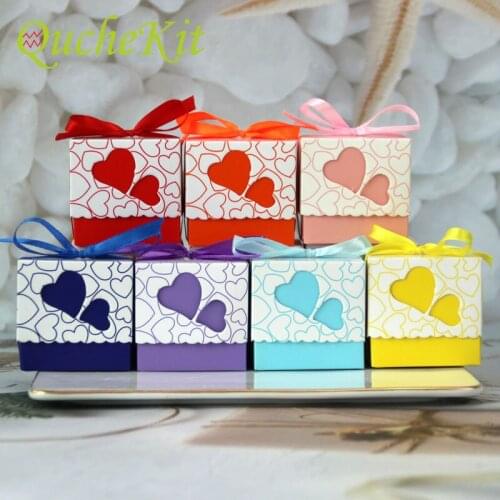 50pcs Love Heart Laser Cut Wedding Candy Box with Ribbon Dragees Gifts Packaging Box Baby Shower Birthday Party Favor Supplies