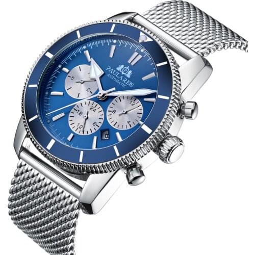 Men Automatic Self Wind Mechanical Net Stainless Steel Black Blue Leather Super Heritage Big Face 46mm Ocean Watch