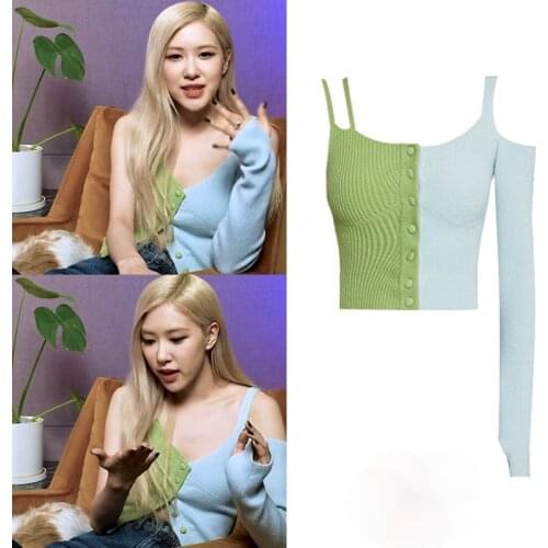 Kpop Korean ROSE Summer New Slim Patchwork Knit Sling Short Cardigan Shirts Women Nightclub Party Sexy Long Sleeve Blouses Tops