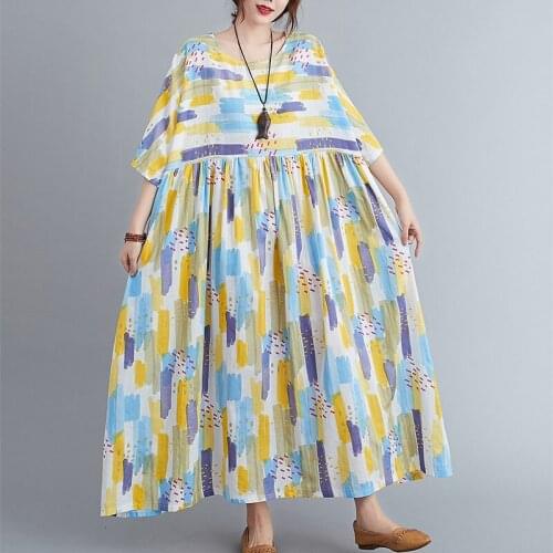 O-neck Short Sleeve Summer Dress Print Pattern Vintage Dress Cotton Linen Plus Size 5XL Loose Women Casual Dress Long Maxi Dress