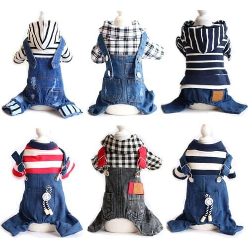 Fashion Stripe Denim Dog Jumpsuit Puppy Cat Jeans Overalls Four Legs Tracksuit Clothes for Dogs Yorkies Chihuahua Cowboy Coat