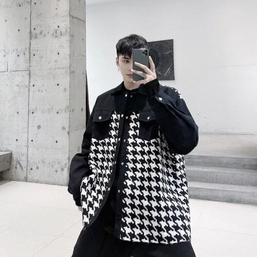 2021 New Men Houndstooth Plaid Splice Cut Hem Vintage Loose Casual Jacket Overcoat Male Streetwear Coat Outerwear