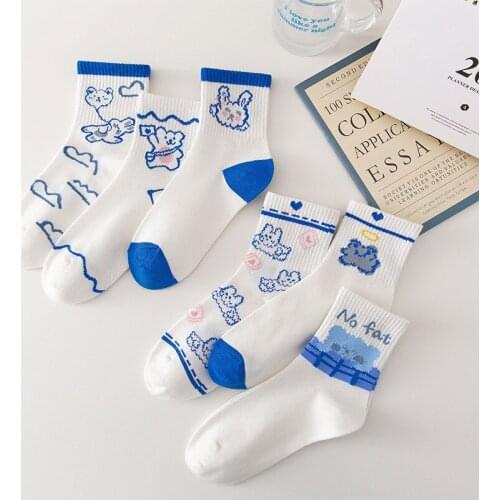 2021 medium tube spring and summer new Japanese cute blue rabbit bear comfortable and soft net red ins tide men and women socks