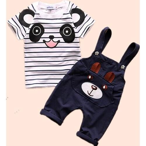 2019 Baby Boys new summer sets Kids Boys short sleeve cartoon striped T-shirt + Bear overall clothes sets 1-3 Years