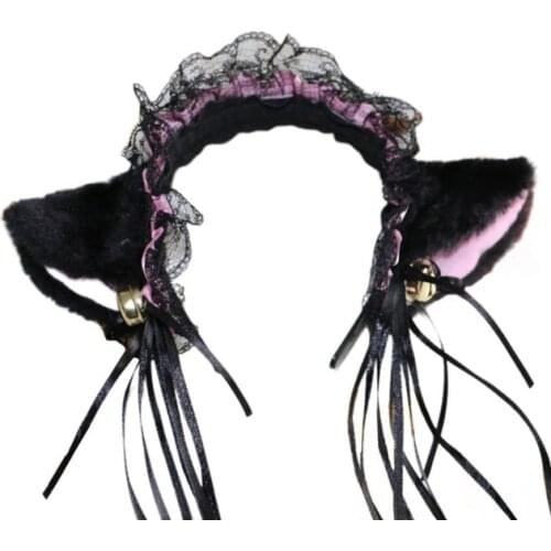 Gothic Lolita Maid Women Girls Ruffles Lace Headband Plush Cat Ears Ribbon Bell Lolita Cosplay Hair Hoop