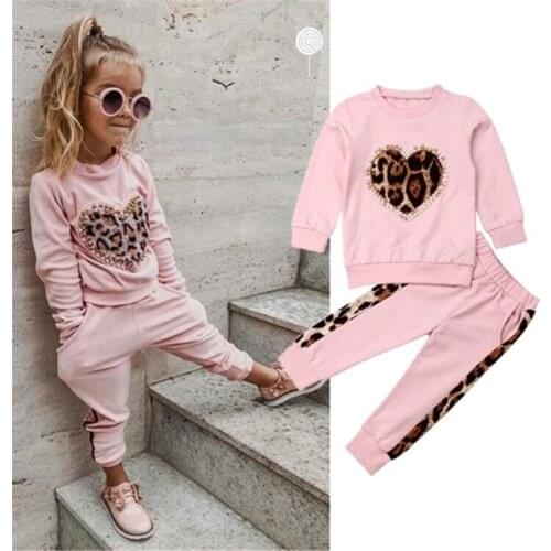 1-5Years Toddler Kid Baby Girl Autumn Winter Clothes Sets Pink Long Sleeve Leopard Tops Long Pants 2PCS Set Kids Girl Tracksuit