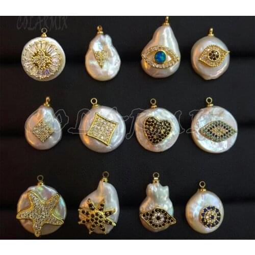 8 Pcs Round Natural pearls pendant &Zircon stone jewelry accessorizes jewelry charms jewelry making gift 9508