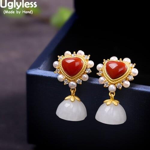 Uglyless Forever Popular Lotus Earrings for Women Hetian Jade Lotus Flowers Dangle Earrings Natural Agate Pearls Dress Jewelry