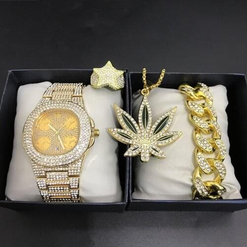 Luxury Men Gold Color Watch & Necklace & Braclete & Ring Combo Set Ice Out Cuban Watch Hip Hop Necklace Chain In Crystal For Men