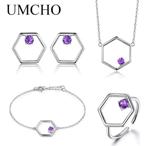 UMCHO Natural Amethyst Gemstone Jewelry Set Real 925 Sterling Silver Necklace Ring Earrings Bracelet For Women Fine Jewelry New