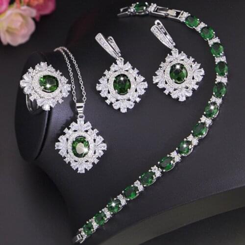 Zlxgirl jewelry Hot selling Green Cubic Zirconia wedding pendant and earring bracelet anel jewelry sets women bridal bijoux set