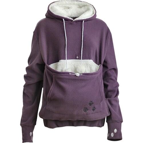 Aonibeier Winter Warm Pet Pouch Hoodie Women Sweatshirt Embroidery Big Pocket Ladies Pullovers Cat Lovers Dog Hoodies Plus Size