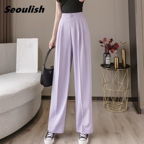 Seoulish 2021 New Summer Purple Womens Wide Leg Pants High Waist Elegant Long Pants Workwear Casual Loose Chic Trousers Female