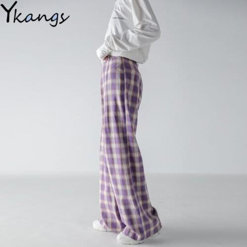 Purple Plaid Pants Women Casual Straight Elastic High Waist Baggy Pants Joggers Women Loose Wide Leg Pants Korean Trousers Women