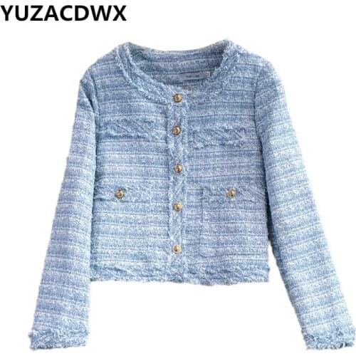 YUZACDWX 2021 Autumn Women Long Sleeve Cardigan Coat High Quality Fashion Color-blocked Woven Tweed Short Jackets