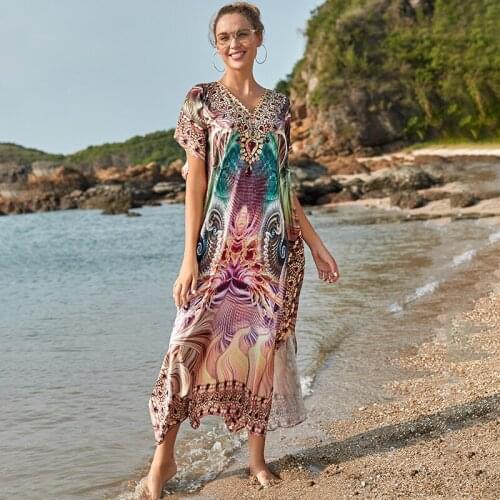 2020 Bohemian Women Summer Beach Dress Swim Wear Cover Up Polyester Tunic Sexy V-Neck Robe Caftan Bikini Cover-ups pareo Q1185