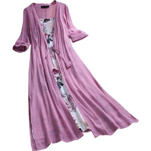 A-line Dresses For Women 2021 Vintage Boho O-neck Floral Print Lace Two-piece Three Quarter Sleeve Elegant Mid-calf Sukienka