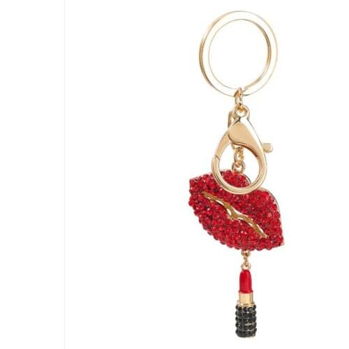 JINGLANG Gold Color Lobster Clasp Keyring Dangle Crystal Mouth Mix Lipstick Charms Keychains For Women Handbag Luxury Jewelry