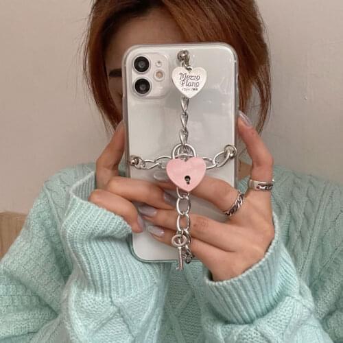 Pink Heart Lock Chain Fashion Cool Case for IPhone 12 Pro Max 11ProMax Case for 7 8 for 11 X XR XS Max 7 8Plus Transparent Case
