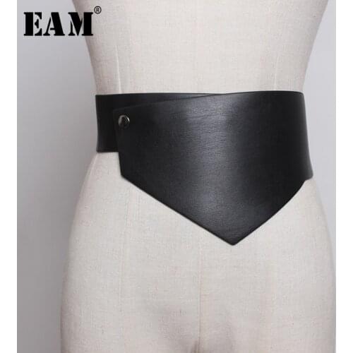 [EAM] Pu Leather Black White Irregular Button Wide Long Belt Personality Women New Fashion Tide All-match Spring 2021 1U215