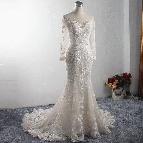 LZ324 Sexy Illusion Long Sleeve Mermaid Dress See Through Backless Wedding Dress Colorful Bead Crystal Nice Tail Bridal Gown