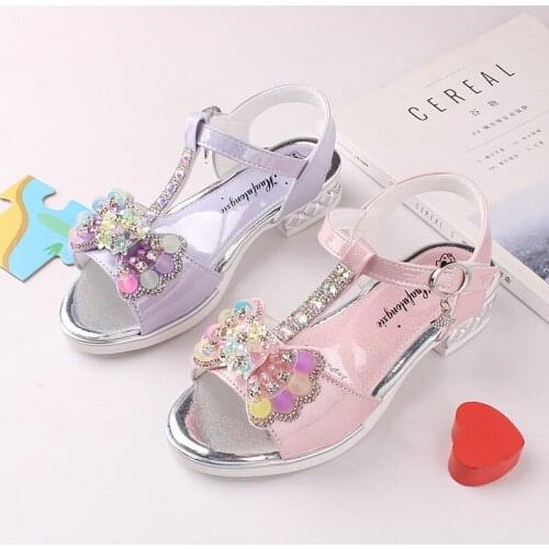 Fashion Princess Girls Shoes 2021 New Summer Fish Mouth Sequined Bow Thick Heel Sandals for Party Sweet Cute Bow-knot Chic Hot