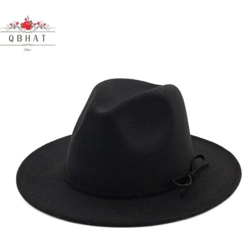 QBHAT Autumn Winter Mens Hats Panama Fedora Vintage Women Girls Felt Fedoras Flat Brim Jazz Fascinator Hat with Bowknot QB40