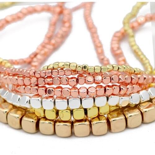 Natural Hematite Stone Square Cube Spacers Gold Silvers Rose 2/3/4/6MM Loose Beads For Jewelry Making DIY Bracelet Findings