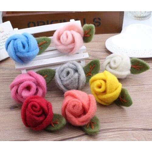New Style 10pcs/lot Colorful Character 3D Rose buds with leave Shape Handmade Wool felt ball Diy Jewelry Garments/Hair accessory